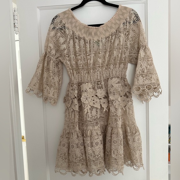 ANTICA SARTORIA by giacomo cinque beige nude lace off shoulder dress TU - Picture 2 of 3